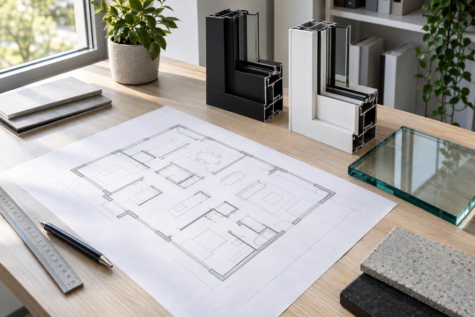 Mesa de arquitetura com planta impressa, perfis de alumínio preto e branco e amostra de vidro temperado em escritório claro
